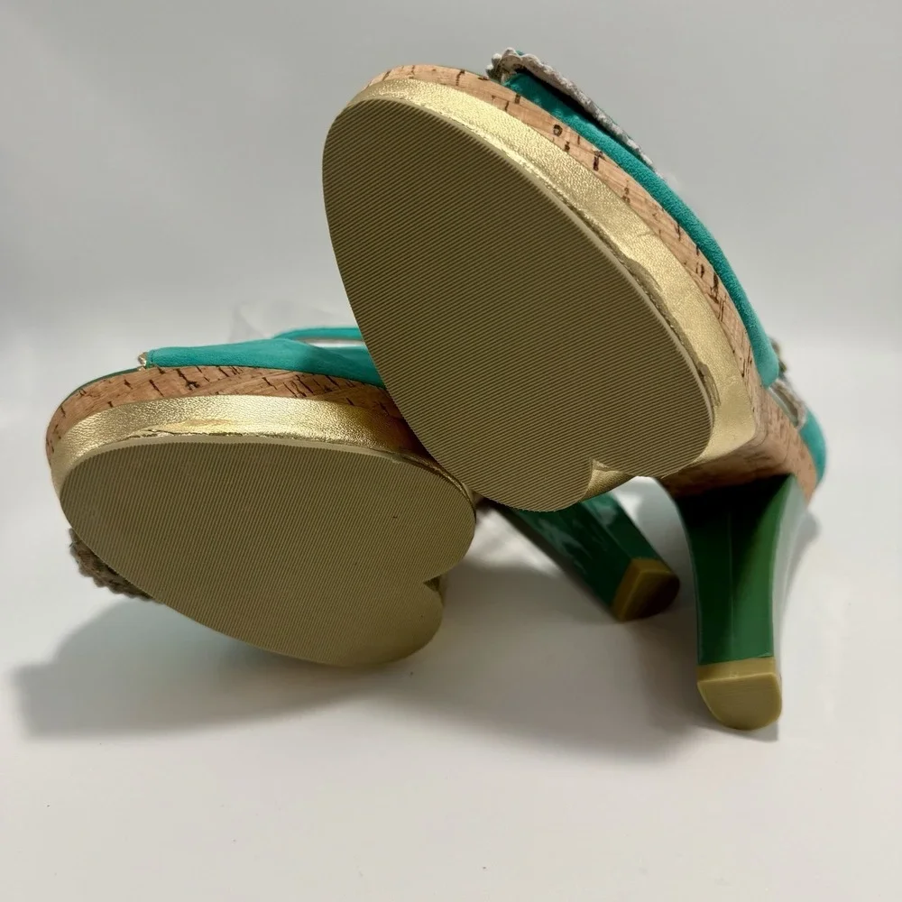 Poetic License Date Night Teal Gold Trim Stiletto Platform Heels Peep Toe 8.5M